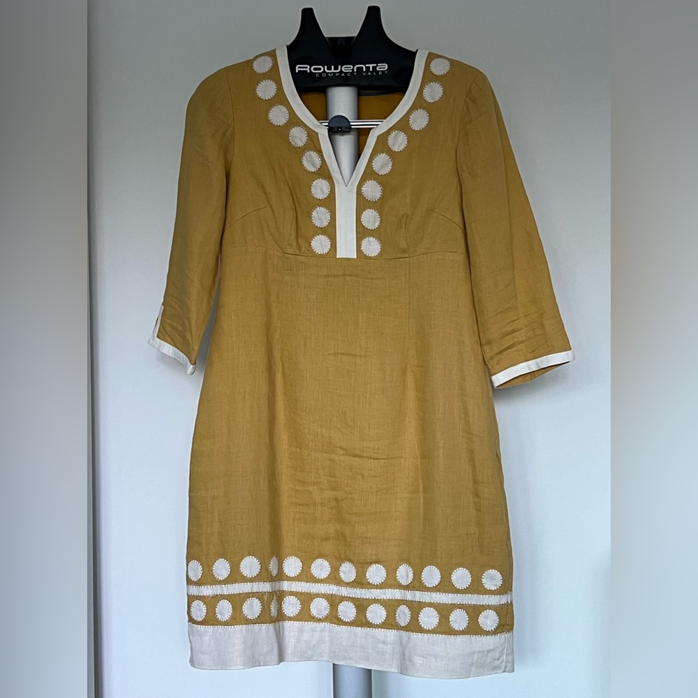 Boden Mustard Yellow Linen Embroidered Tunic Dress